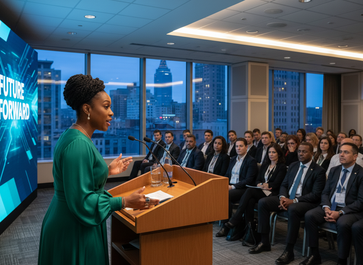 A Black woman wearing a green dress speaking at a podium in a conference room