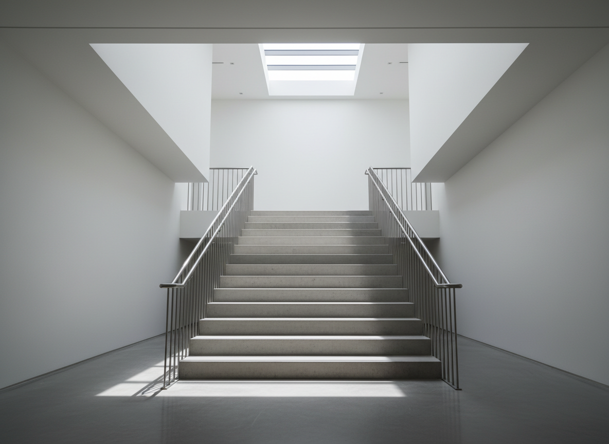 A sleek, modern staircase with brushed steel railings and wide, matte light gray steps, ascending through a minimalist, open office lobby. The staircase is perfectly centered, surrounded by clean white walls and a polished concrete floor. Soft diffused daylight filters in from a skylight above, illuminating the staircase and creating gentle, elongated shadows down the steps. The image conveys a mood of professional focus and determined progress, captured from a low, upward-facing angle that accentuates the sense of rising. The composition uses clean lines and a balanced, photographic realism to evoke ambition and growth, supporting the site’s message of overcoming setbacks and continual upward movement.