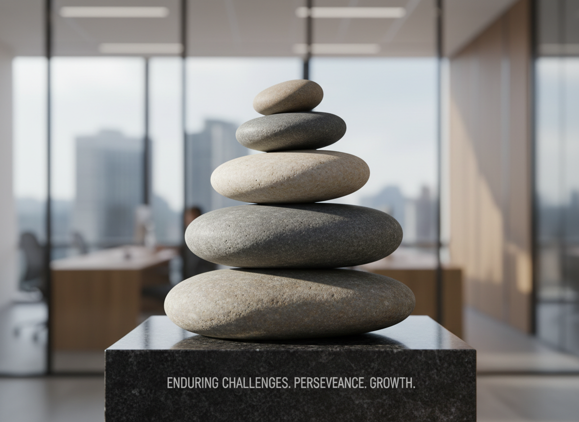 A sturdy, stone cairn perfectly balanced atop a polished granite surface, each stone in muted beige and slate gray hues, their smooth textures highlighted delicately. The cairn stands against a blurred contemporary office backdrop with large windows letting in natural, cool daylight. Light pours from the left, creating subtle, crisp highlights and soft, organized shadows around the cairn. Shot at eye level with sharp linear focus and a shallow depth of field, the image conveys stability, resilience, and structured growth. The corporate yet minimalist aesthetic aligns with the site’s ethos of enduring challenges and perseverance for young professionals.