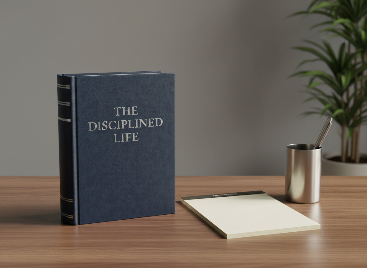 A closed book with a textured navy blue cover featuring an embossed metallic silver title, resting on a smooth, uncluttered walnut desk. The book is placed near a neatly arranged notepad and a stainless steel pen holder, with a background of a muted gray wall and a single leafy plant in the corner. Soft, warm overhead lighting highlights the subtle grain of the book’s cover and the natural wood textures, casting gentle, structured shadows. Captured at a slight off-center angle using the rule of thirds, the composition feels disciplined and sophisticated. The photographic style, with neutral tones and minimal distractions, underscores the site’s professional approach to personal development.